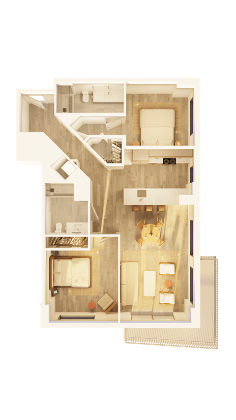 Floor plan for 2 beds, 2 baths, 1165 sqft